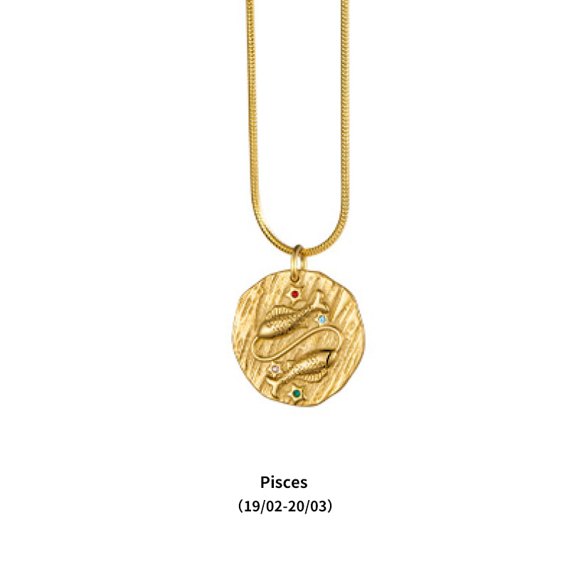 12 Zodiac Signs Small Zircon Gold Coin Necklace