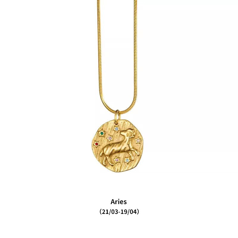 12 Zodiac Signs Small Zircon Gold Coin Necklace