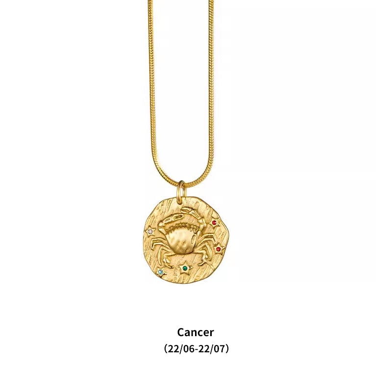 12 Zodiac Signs Small Zircon Gold Coin Necklace