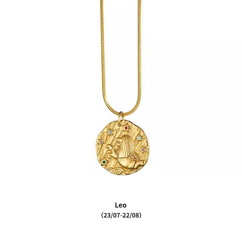 12 Zodiac Signs Small Zircon Gold Coin Necklace