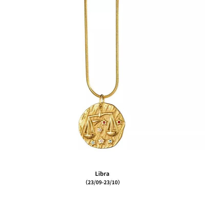 12 Zodiac Signs Small Zircon Gold Coin Necklace