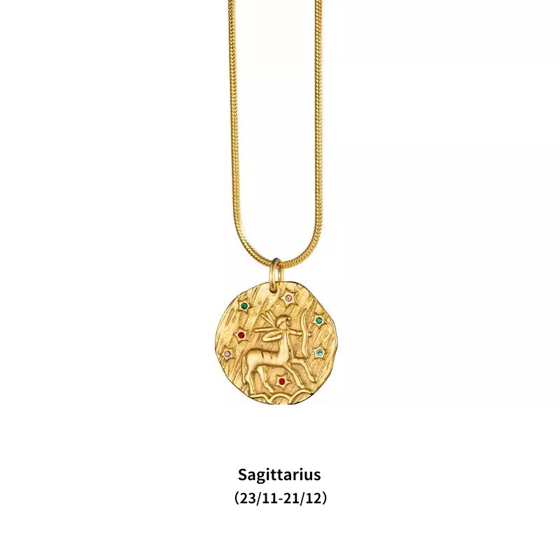 12 Zodiac Signs Small Zircon Gold Coin Necklace