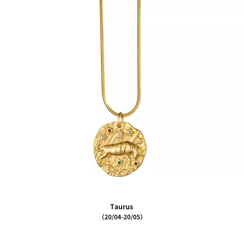 12 Zodiac Signs Small Zircon Gold Coin Necklace