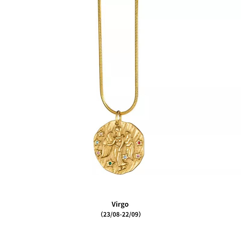 12 Zodiac Signs Small Zircon Gold Coin Necklace