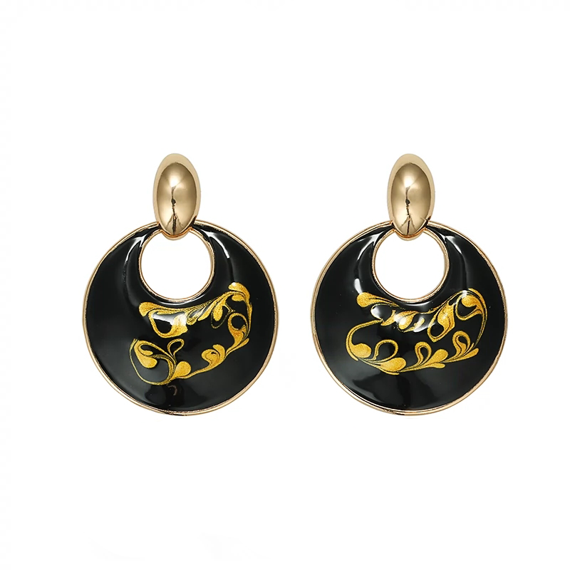 Black Enamel Vintage Oil Painting Round Stud Earrings