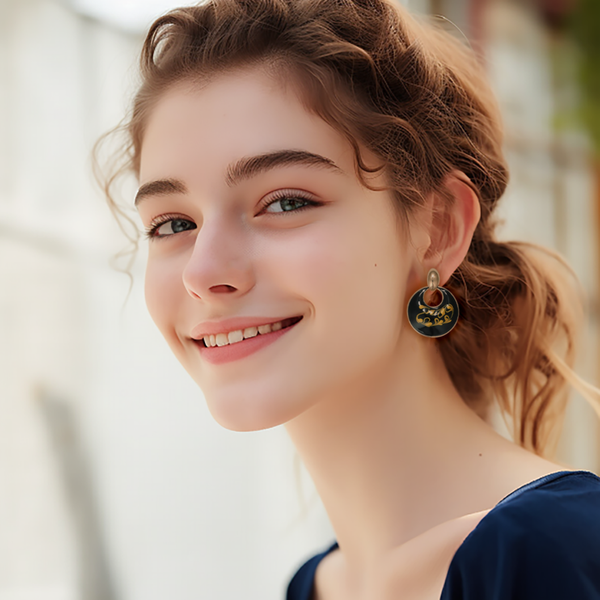 Black Enamel Vintage Oil Painting Round Stud Earrings