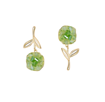 Green Asymmetric Flower Crystal Earrings