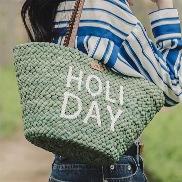 Green Handmade Straw Bag For Vacation