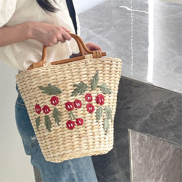 Handmade Cherry Embroidery Large Capacity Straw Bag