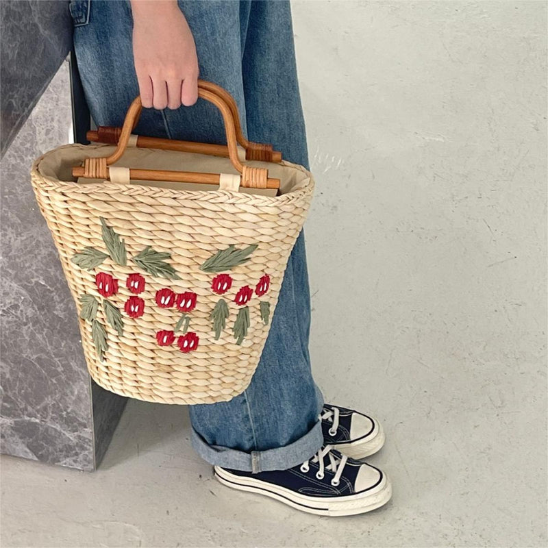 Handmade Cherry Embroidery Large Capacity Straw Bag