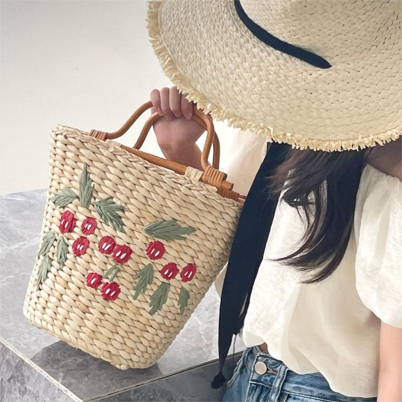 Handmade Cherry Embroidery Large Capacity Straw Bag