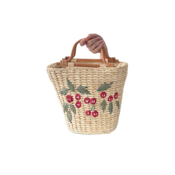 Handmade Cherry Embroidery Large Capacity Straw Bag