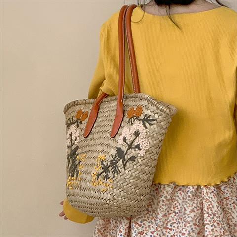 Handmade Floral Embroidered Raffia Woven Tote Bag