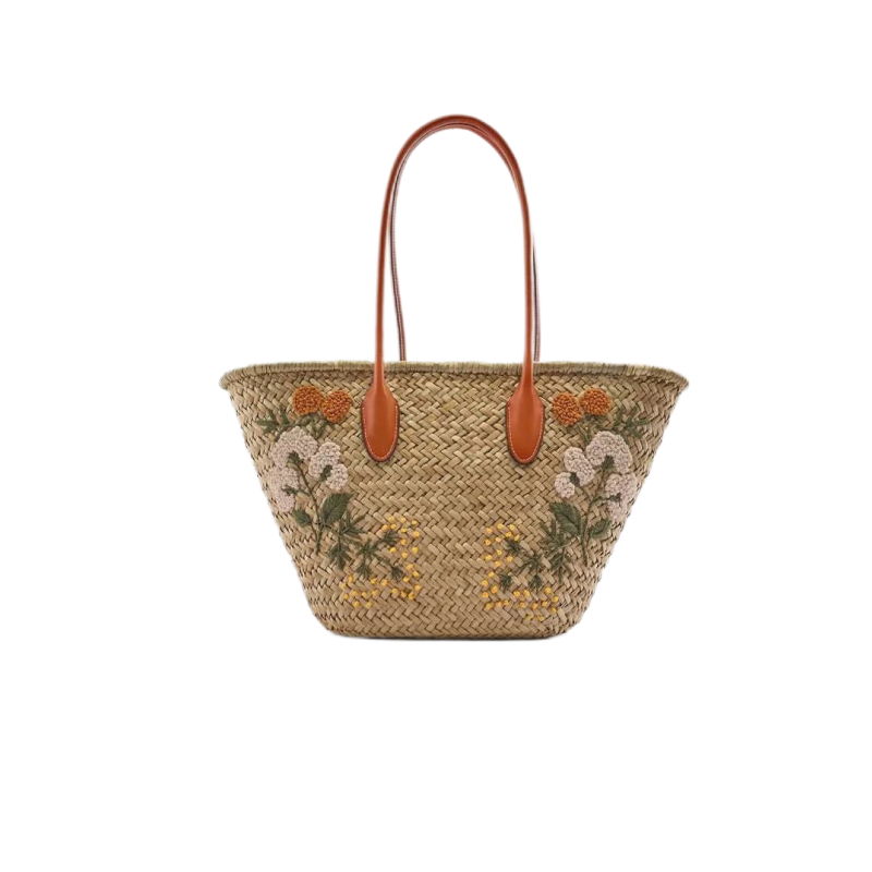 Handmade Floral Embroidered Raffia Woven Tote Bag