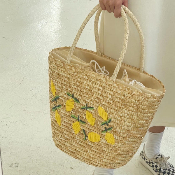 Handmade Lemon Embroidery Large Capacity Straw Bag