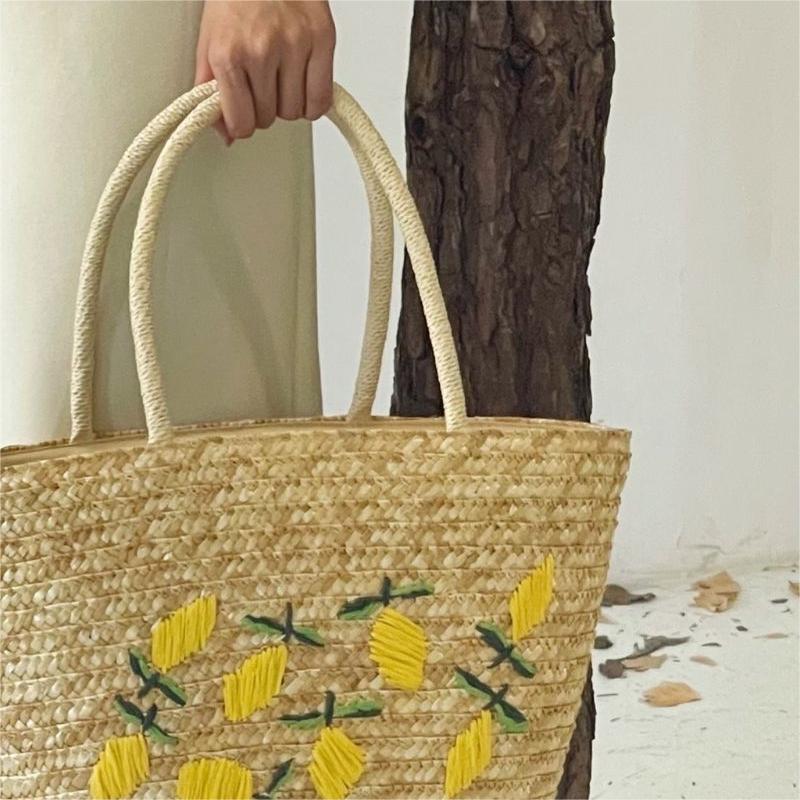 Handmade Lemon Embroidery Large Capacity Straw Bag