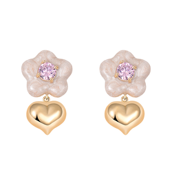 Pink Zircon Earrings With Hearts And Flowers