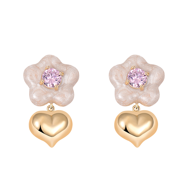 Pink Zircon Earrings With Hearts And Flowers