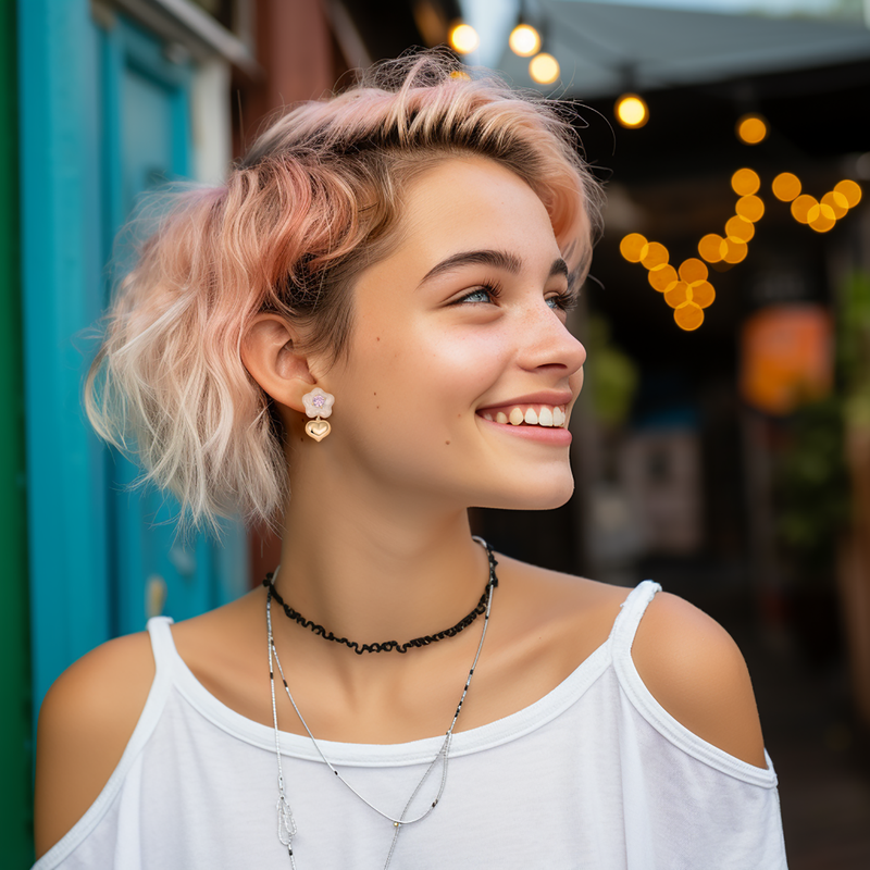 Pink Zircon Earrings With Hearts And Flowers