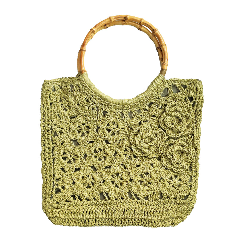 Straw Green 3D Flowers  Beach Tote Net Bags