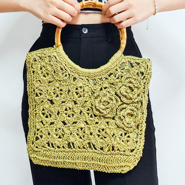 Straw Green 3D Flowers  Beach Tote Net Bags