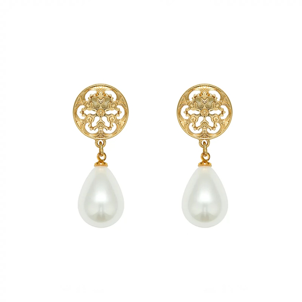 Teardrop Pearl Disc Vintage Style Stud Earrings