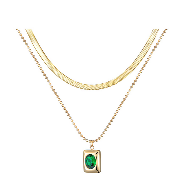 Vintage Green Zircon Double Layer Set Handmade Necklace